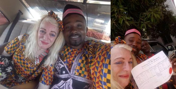 Man thanks God for giving him a "woman of honour" as he weds white woman (Photos)
