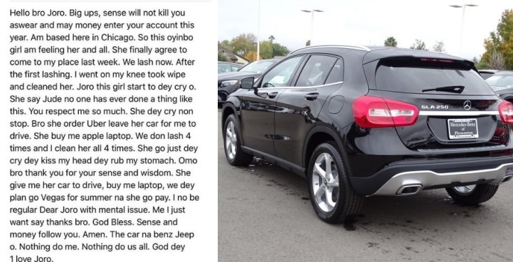 Nigerian man gifted a Benz and an Apple laptop for cleaning up a girl after lashing