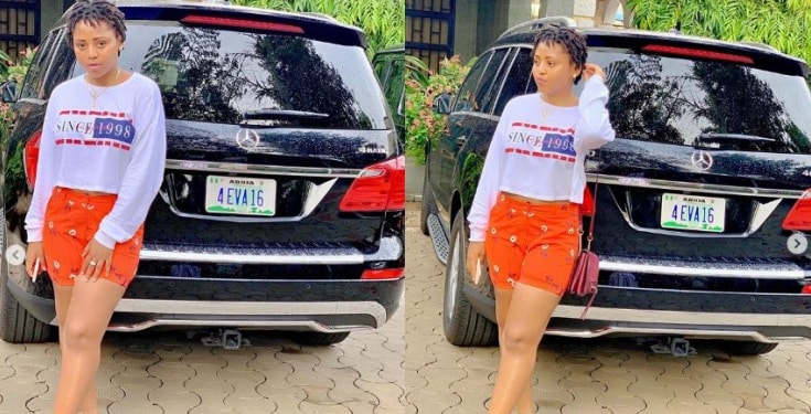 Regina Daniels shows off her customized "4 Eva 16" plate Number on her Mercedes Benz SUV