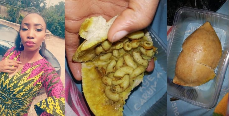 Nigerian lady finds macaroni inside meat pie she bought (photos)