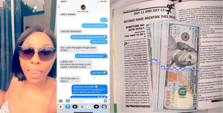 Nigerian lady gets $100 bills from her boyfriend for being angry