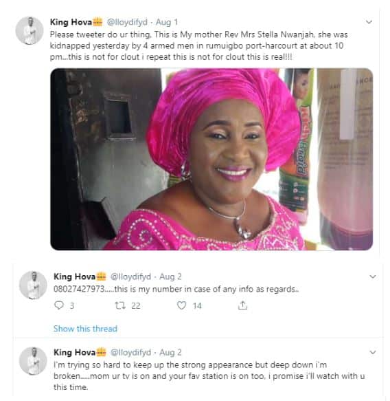 Heartbroken Nigerian man shares news of kidnapped mum's death