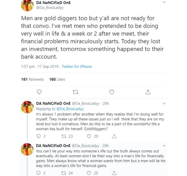 "Men are gold diggers too" - Nigerian lady shares her experience