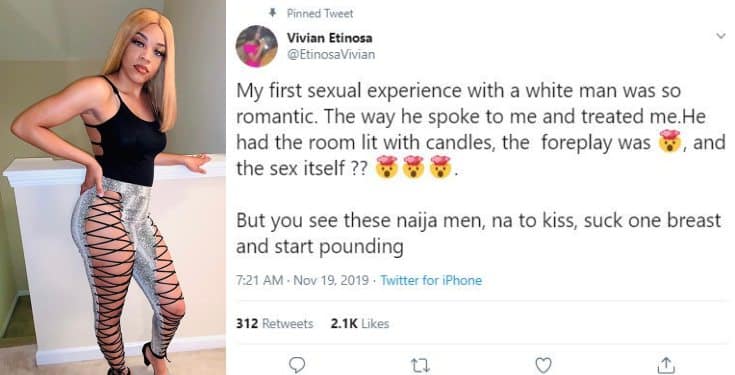 Lady takes a swipe at Nigerian men after her first sexual experience with white man