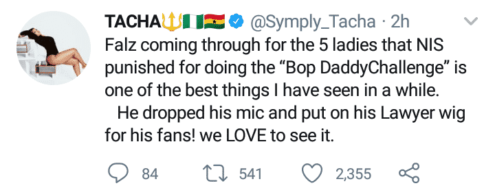 Tacha praises Falz for defending female officers who participated in #BopDaddyChallenge
