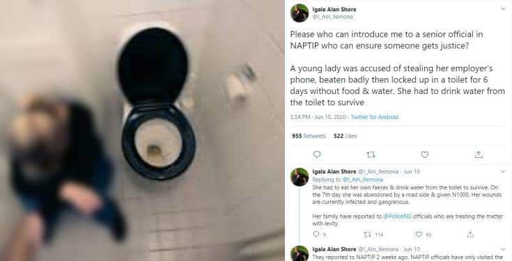 Nigerian lady survives on own faeces, toilet water after employer beat up and lock her in toilet for 6 days
