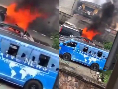Mob sets TVC on fire