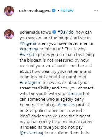 "Biggest artiste without Grammy, that's why Wizkid snubbed you" – Uche Maduagwu attacks Davido