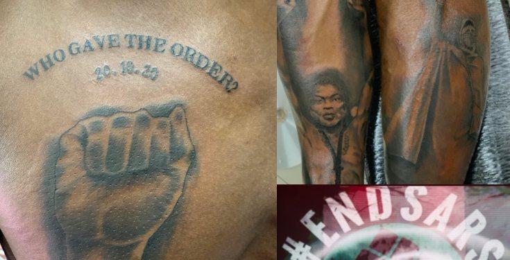 #EndSARS protester inks tattoo of Lekki shooting on his body