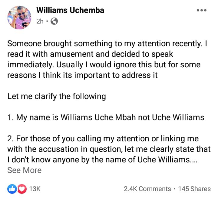Williams Uchemba gay accusation