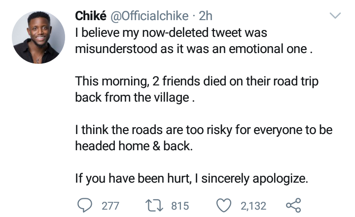 Chike apologizes to Eastern Nigerians