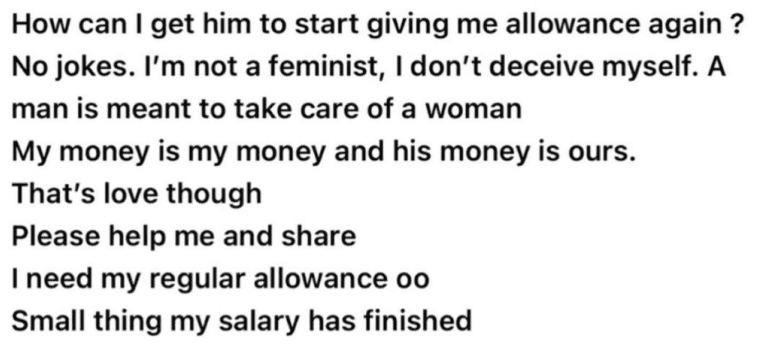 "My boyfriend stopped giving me allowance since I got a job" - Lady laments