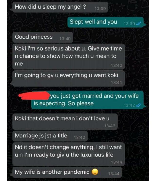 "My wife is another pandemic" - Lady shares chat of married man wooing her