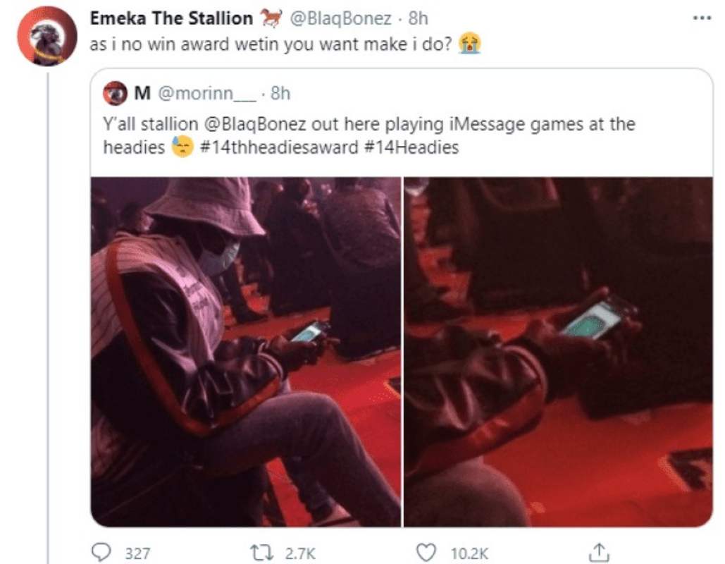 "As I no win nko" - Blaqbonez reacts after getting called out for playing games during Headies Awards