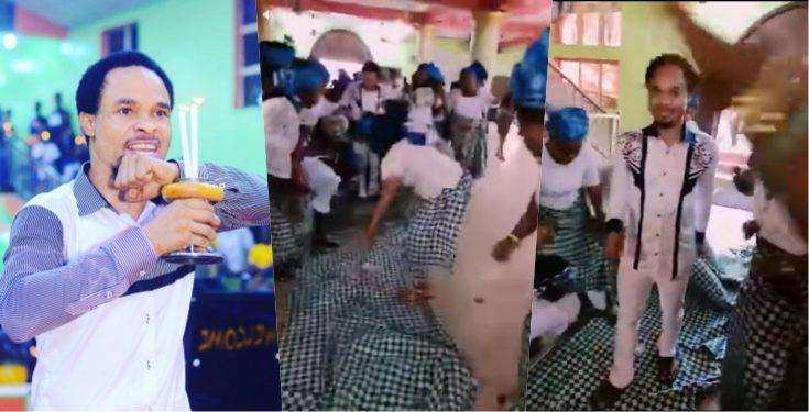 Moment church members chanted praise as Pastor Odumeje walk majestically on women wrappers (Video)