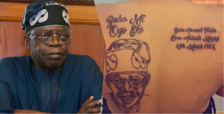 "Mummy Remi will spank that face off your back" - Reactions as lady inks tattoo of Tinubu's face on her back