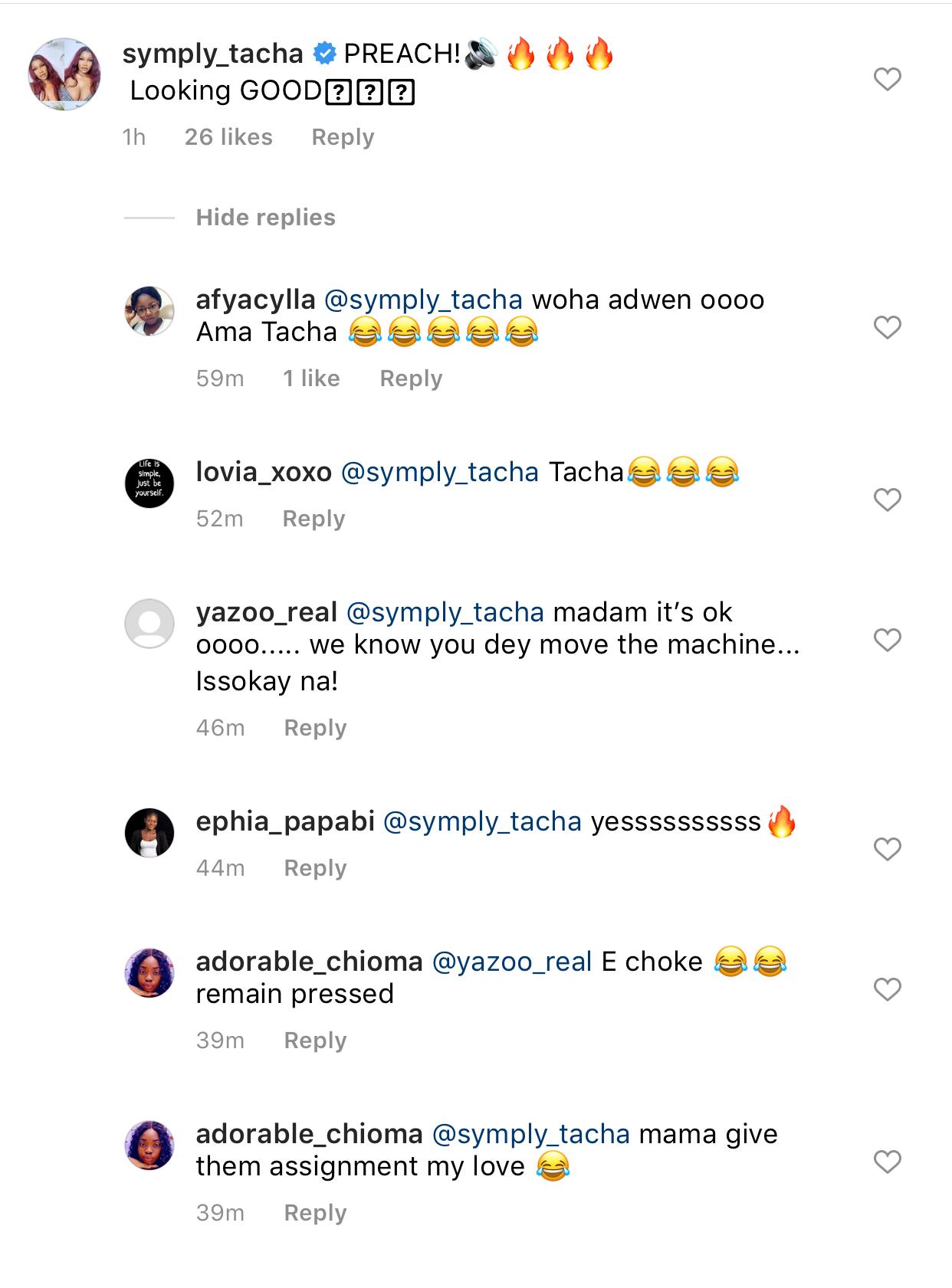 Popular Big Brother Naija star, Natacha Akide, largely known by her nickname Tacha, has caused series of rants and reactions on social media after she left a comment on the photos shared by her alleged lover, Fadda Dickson.