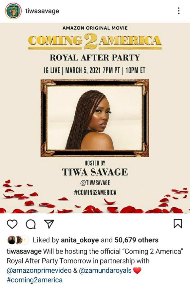 Tiwa Savage to host after party of Hollywood movie 'Coming to America 2' 
