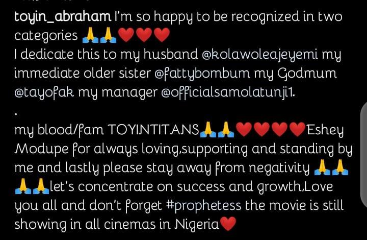 Toyin Abraham congratulations