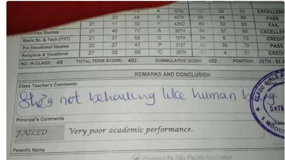 "She is not behaving like a human being" - Teacher comments on student's report card