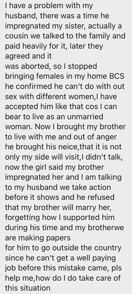 "My husband once aborted for my sister" - Woman laments as brother impregnates husband's niece