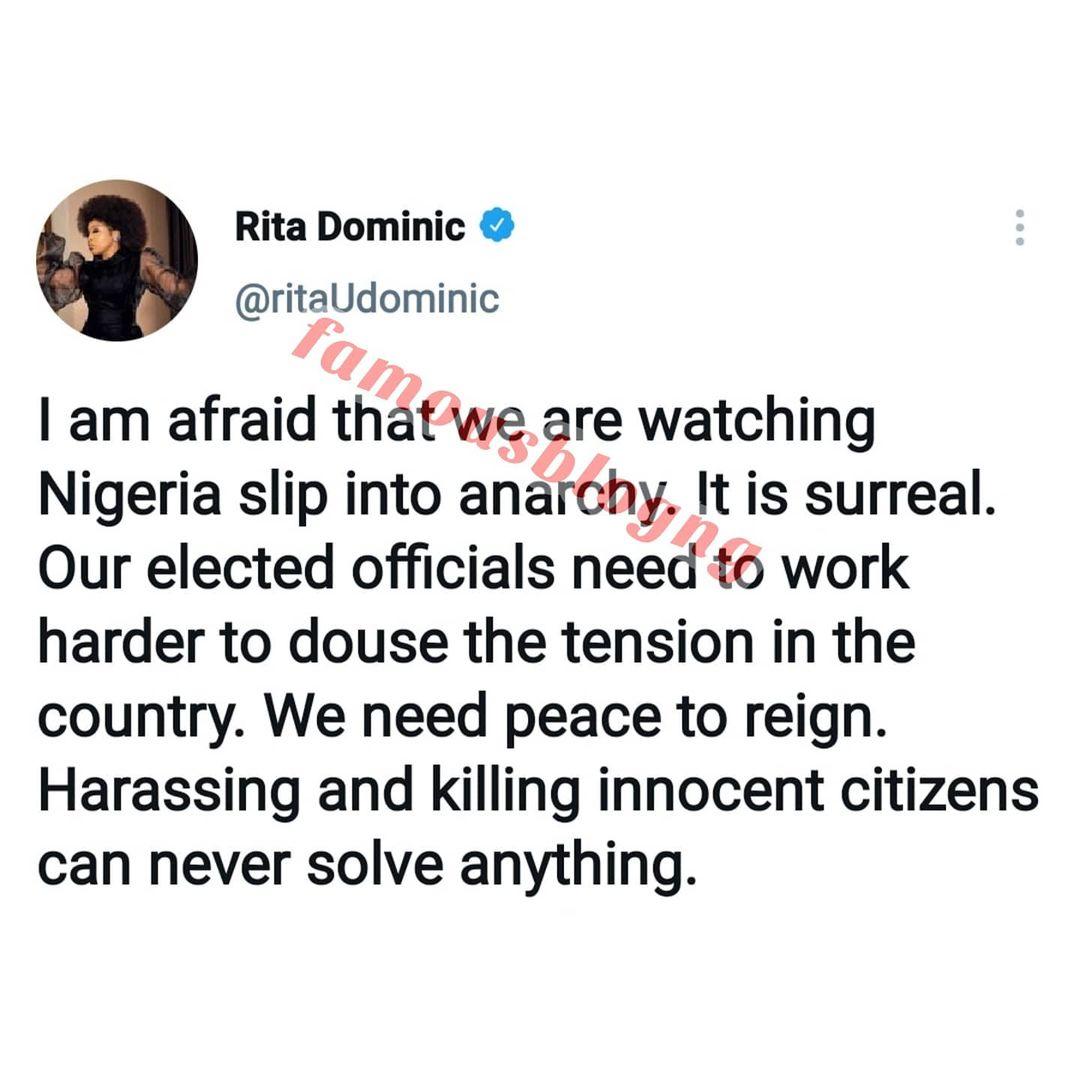 Nigeria is slipping into anarchy - Actress, Rita Dominic rants about insecurity in the country