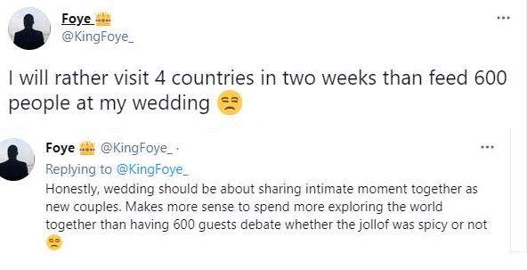 “I will rather visit 4 countries than feed 600 people at my wedding" - Man says
