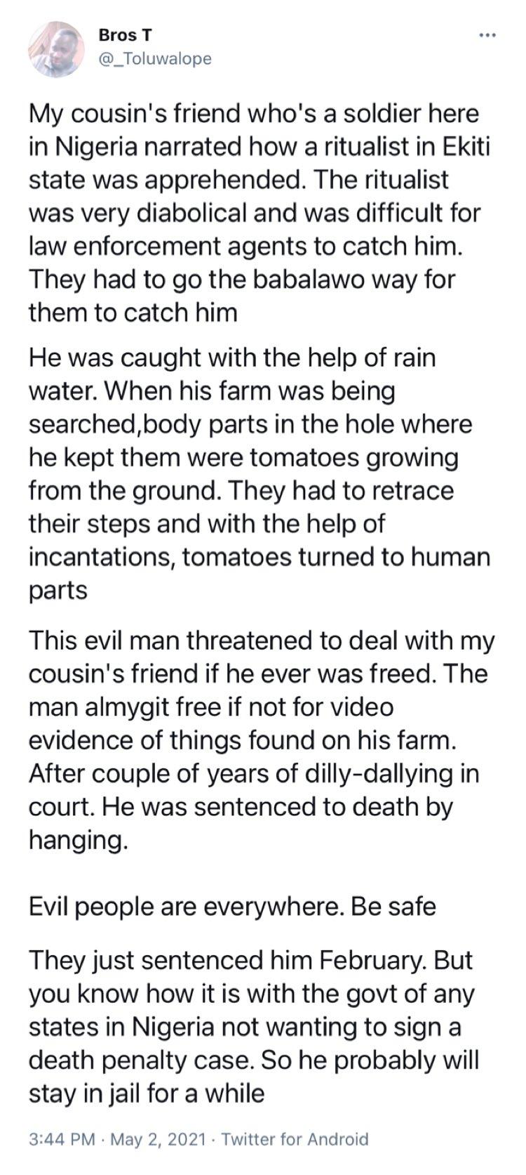 Man narrates how a ritualist was caught and served with capital punishment in Ekiti