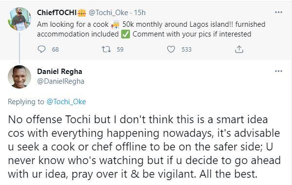 "This is neither smart nor safe" - Fan lectures reality star, Tochi over his search for good cook online