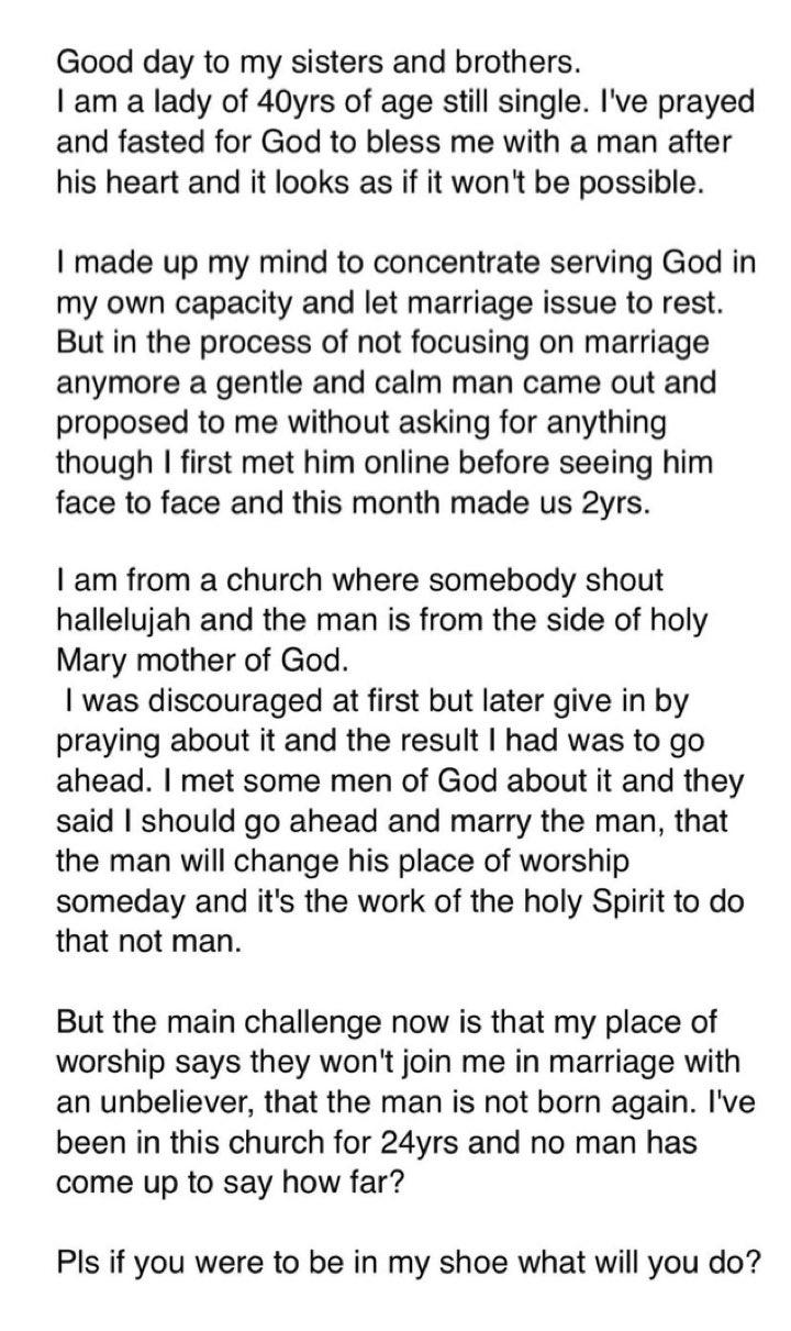 Lady seeks advice after church members vowed not to support her marriage because the man isn't from her church