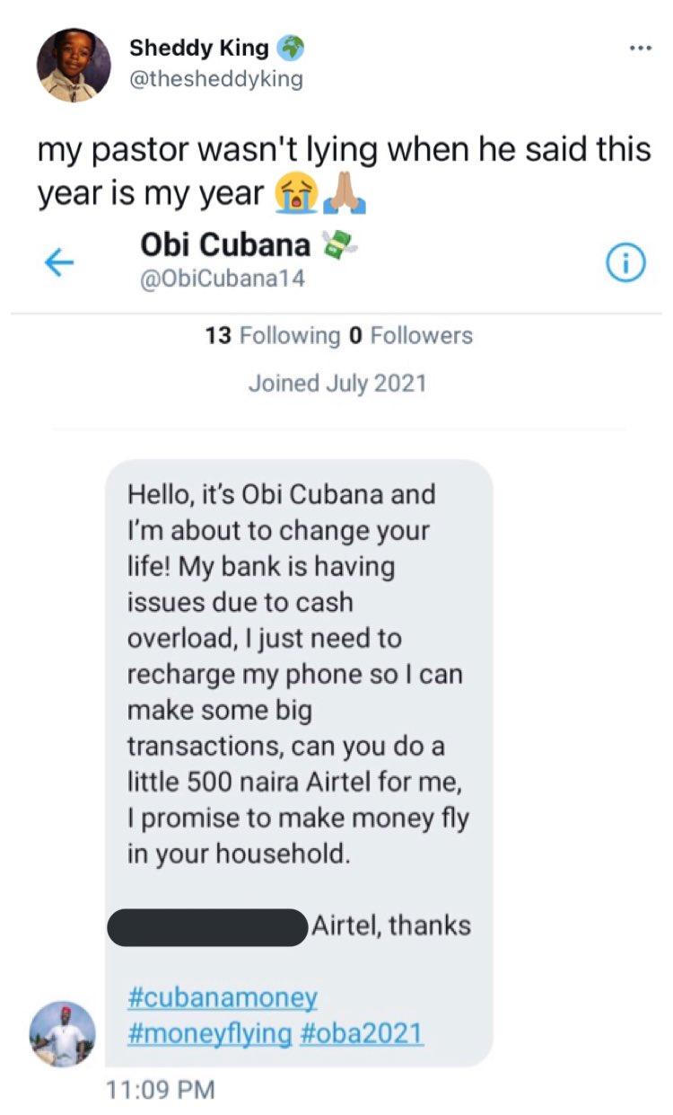 Man shares chat with individual who wanted to defraud him by impersonating Obi Cubana