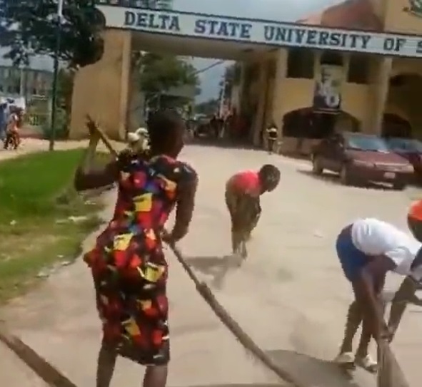 Delta Polytechnic students rejoice over exit of Rector by sweeping main gate (Video)