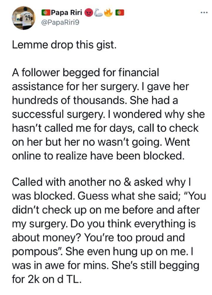 "You didn't check up on me" - Man gets blocked by stranger after helping her with over N100K