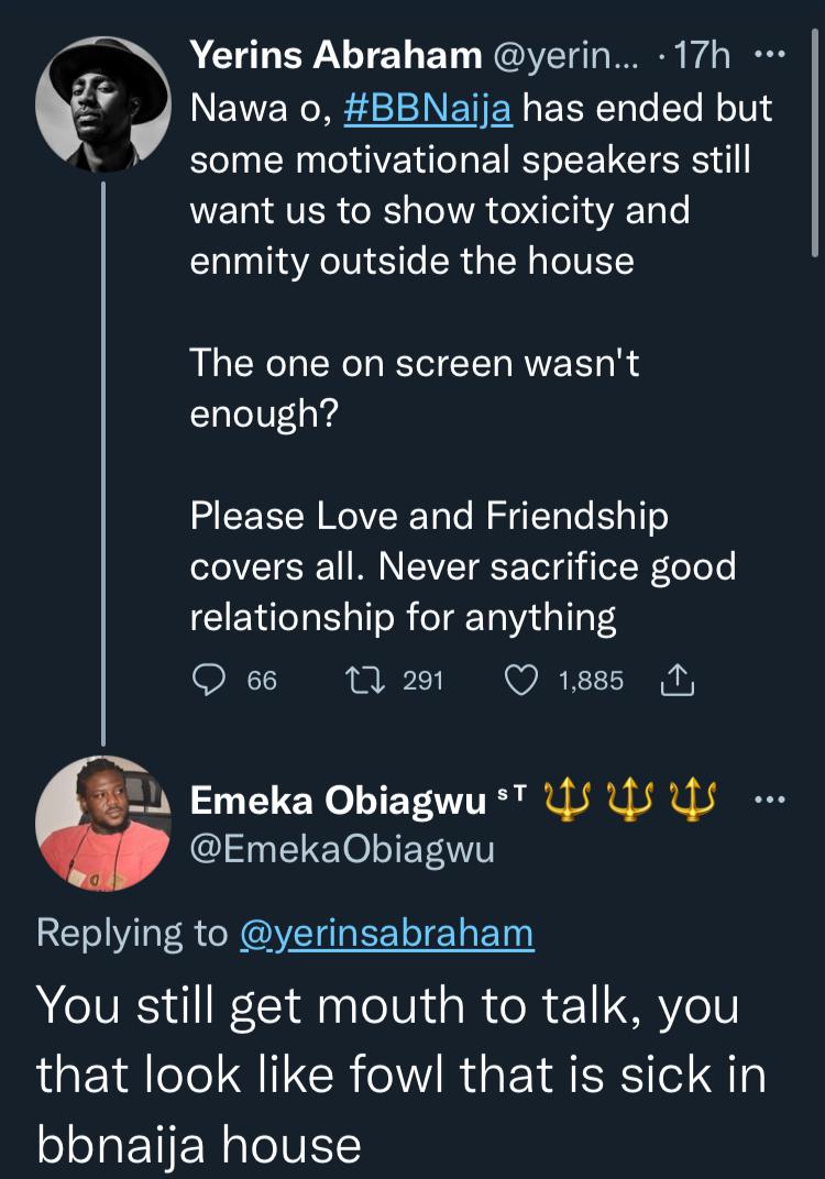 BBNaija's Yerins carpets troll who ridiculed him for preaching against toxic behavior to housemates