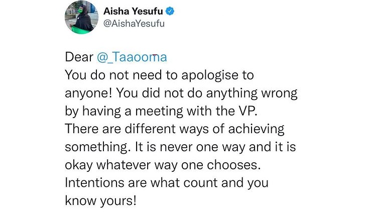 “Stop apologizing, you did not do anything wrong meeting with VP Osinbajo” - Aisha Yesufu to Taaoma