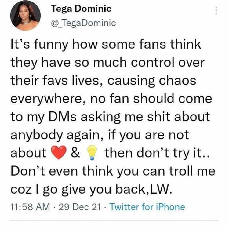 Tega Dominic mocked after clarifying claims of shading to a certain 'ship' (Video)