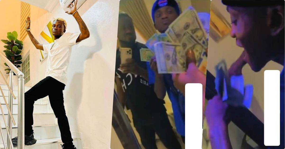 Portable's priceless reaction after receiving dollar bills from Davido (Video)
