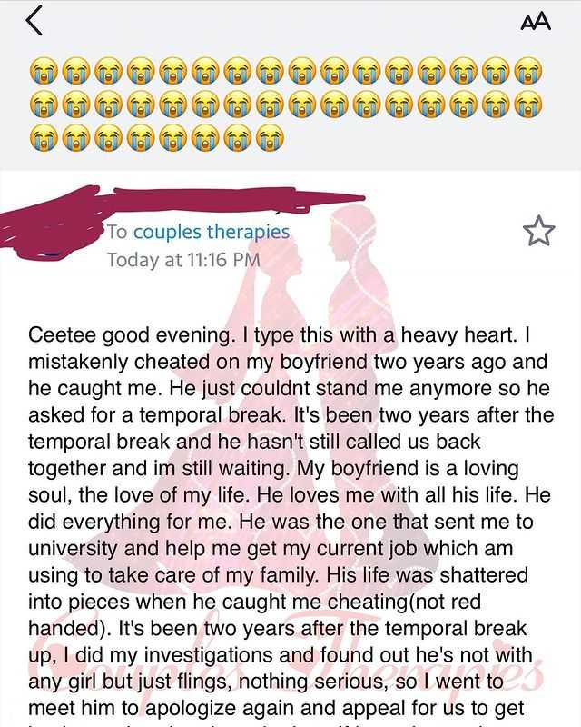 Lady narrates painful revenge from boyfriend two-years after 'mistakenly' cheating on him