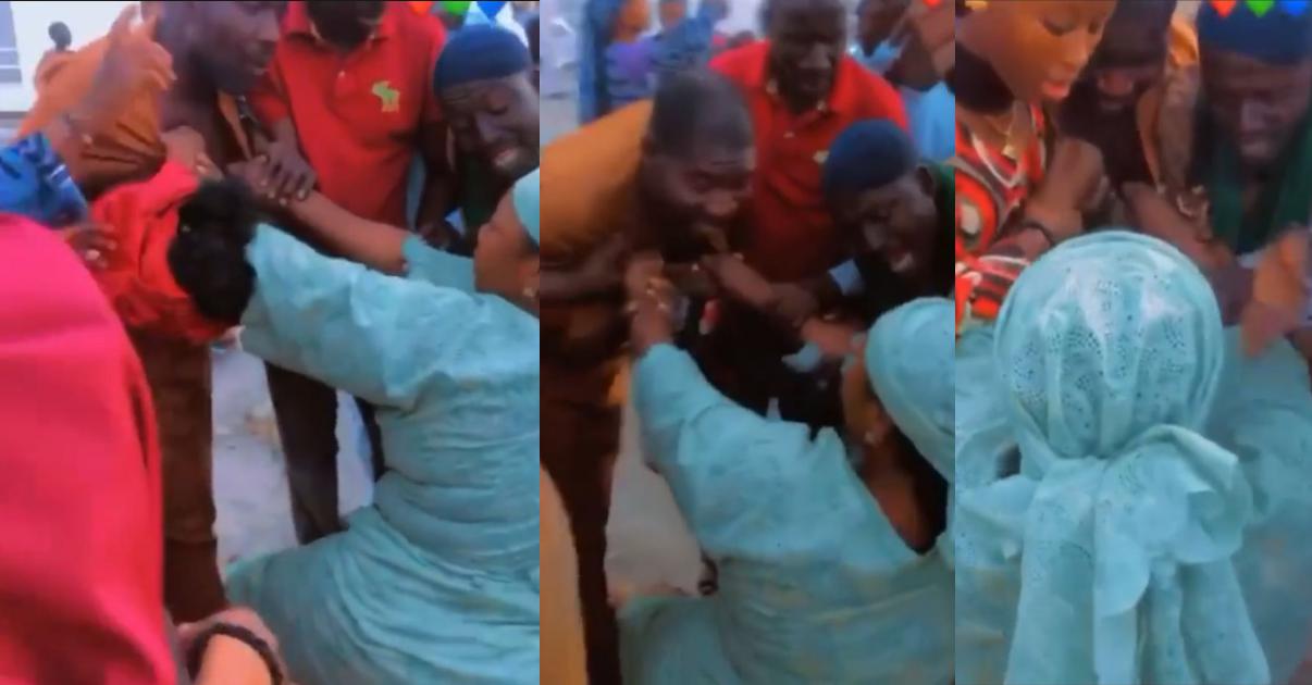 First wife creates scene after being pushed by husband during wedding to second wife (Video)