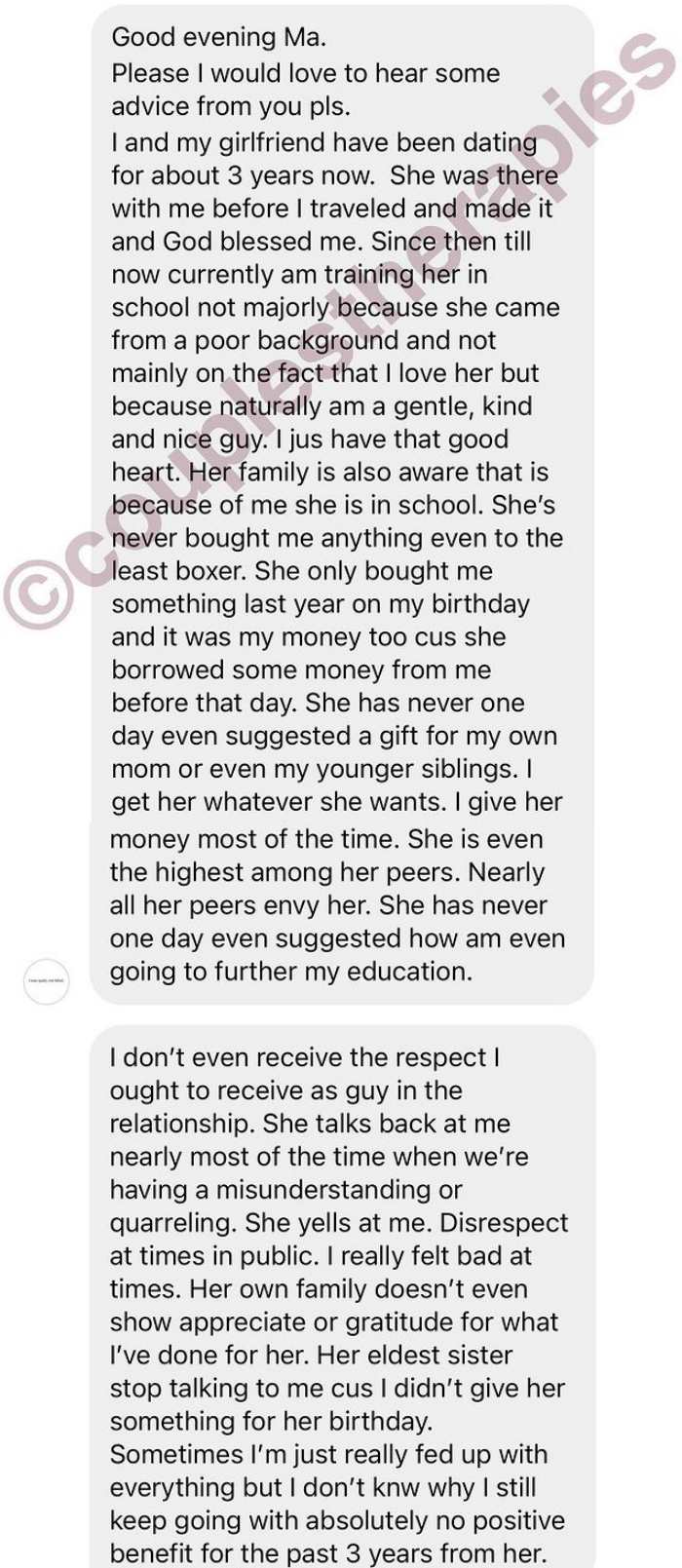 Man cries out for advice over disrespect from girlfriend despite sponsoring her education