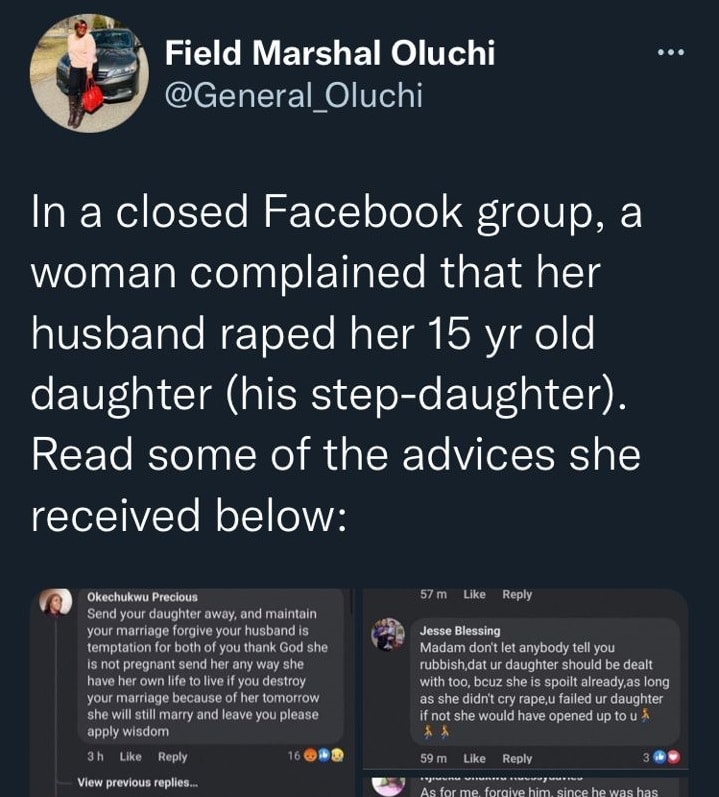 "Send your daughter away to save your marriage" - Advice to lady whose husband abused her 15-year-old girl causes outrage