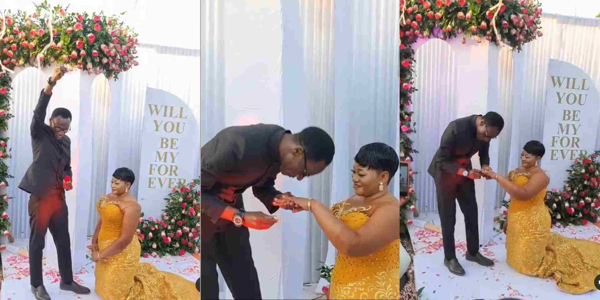 Reactions as lady goes on her knees as fiance proposes to her (Video)
