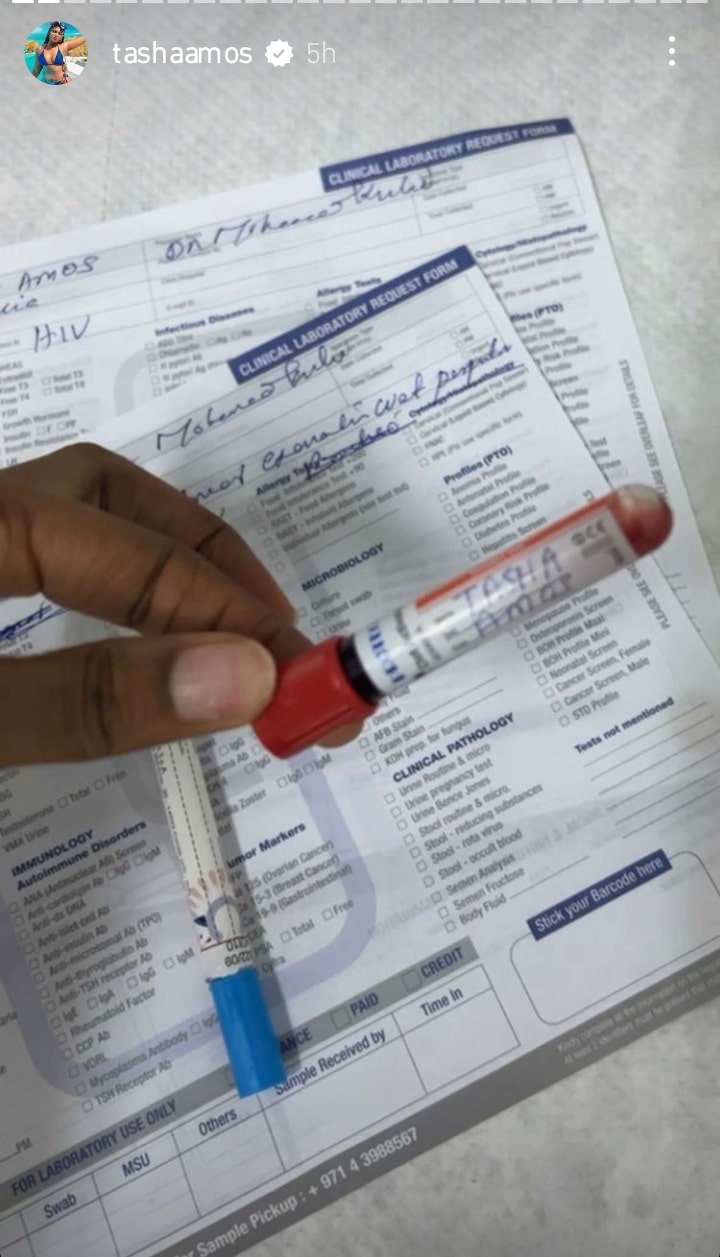 Tasha Amos shares photo of HIV test result as she also debunks having an affair with IVD