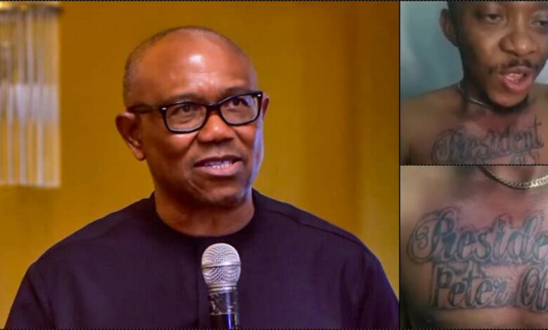 'Obidient' declares Peter Obi as president, tattoos his name on his chest (Video)