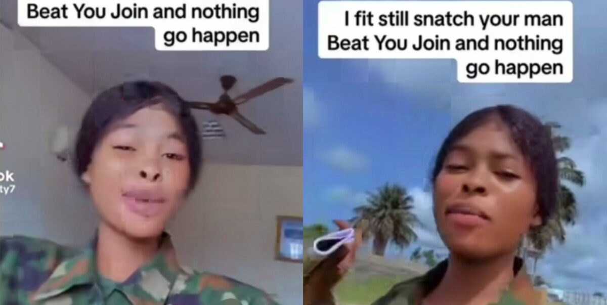 "I fit snatch your man, beat you join" – Military lady tells women (Video)