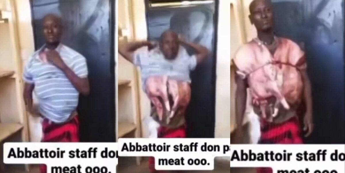 Abattoir staff nabbed with chunks of meat hidden under his t-shirt (Video)