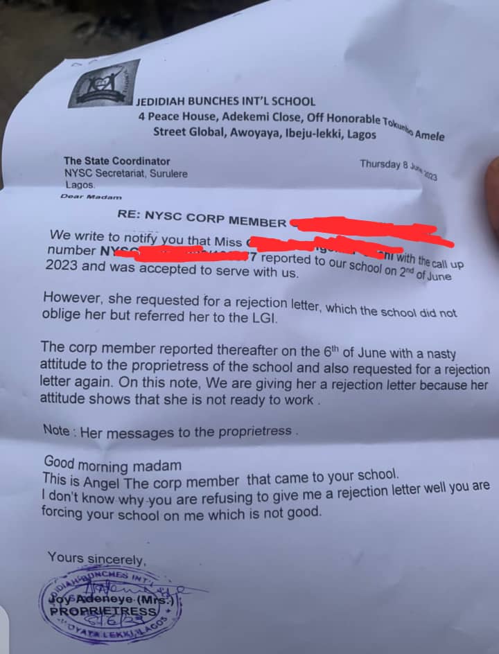 "She came to our school with a nasty attitude" - Corps member's rejection letter stirs reactions
