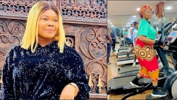 Toyin Abraham, others react as Ruby Ojiakor hits gym in native outfit (Video)