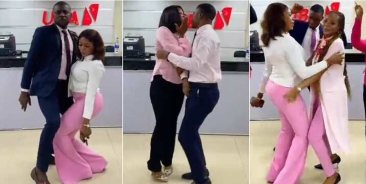 Nigerian bank workers cause stir with romantic show at office (Video)