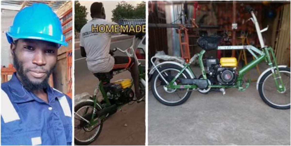 Nigerian man showcases homemade bike with small fuel tank, takes it for a ride around town (Video)
